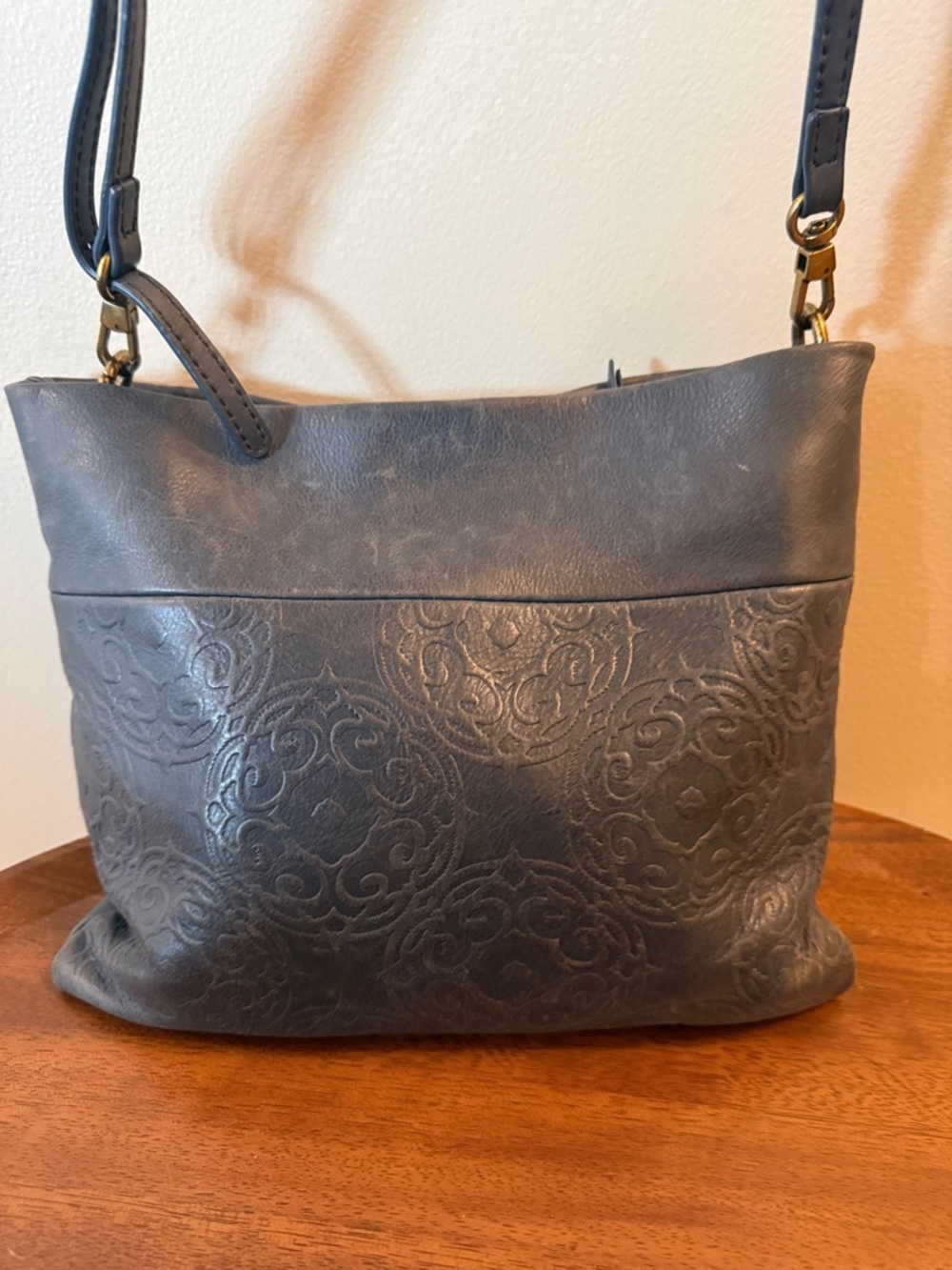 The Sak Collaborative Embossed Leather Crossbody Bag in Slate Blue